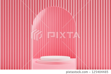 3d Pink scene background with white podium and arch gate for product presentation. Abstract minimal mockup with cylinder platform and door. 125404485