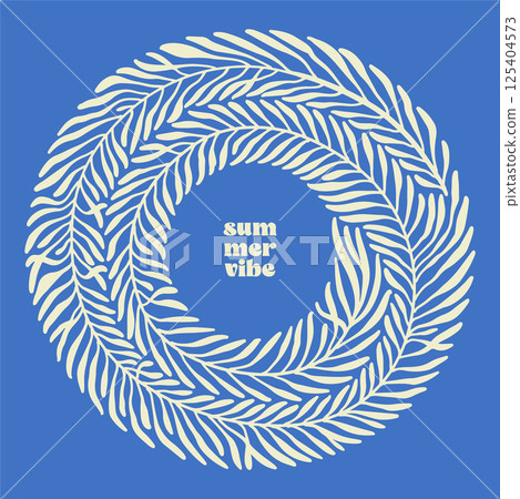 Vintage hand drawn art in modern minimal style. Round frame made with tropical palm leaf. Minimal element for minimalist print, cover, boho home decor, wallpaper design. Vector flat vintage design. Vintage hand drawn art in modern minimal style. Round frame made with tropical palm leaf. Minimal element for minimalist print, cover, boho home decor, wallpaper design. Vector flat vintage design. 125404573