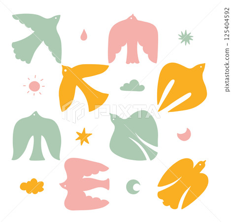 Abstract Boho Birds Icons set. Groovy And Wavy Organic Silhouette for Summer Dove Logos. Groovy colored Hand Drawn Coastal Design. Modern Poster with Irregular Pigeon Shapes. Naive Vector Art Style Abstract Boho Birds Icons set. Groovy And Wavy Organic Silhouette for Summer Dove Logos. Groovy colored Hand Drawn Coastal Design. Modern Poster with Irregular Pigeon Shapes. Naive Vector Art Style 125404592