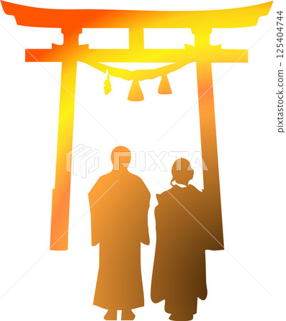 一對男女手牽手的背影和神社鳥居門 125404744