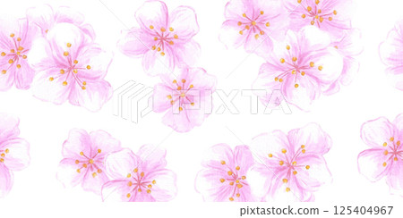 Hand drawn watercolor cherry blossom seamless border. Illustration of spring flowers isolated on white background. Can be used for textile, fabric, wrapping and other printed products. 125404967