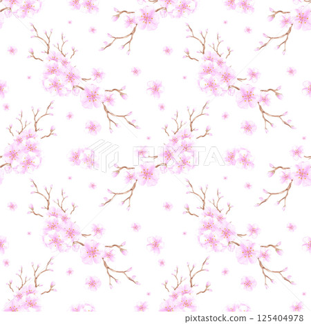 Hand drawn watercolor cherry blossom bouquet seamless pattern isolated on white background. Can be used for textile, fabric, scrapbook and other printed products. Hand drawn watercolor cherry blossom bouquet seamless pattern isolated on white background. Can be used for textile, fabric, scrapbook and other printed products. 125404978