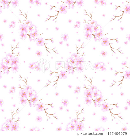 Hand drawn watercolor cherry blossom bouquet seamless pattern isolated on white background. Can be used for textile, fabric, scrapbook and other printed products. Hand drawn watercolor cherry blossom bouquet seamless pattern isolated on white background. Can be used for textile, fabric, scrapbook and other printed products. 125404979