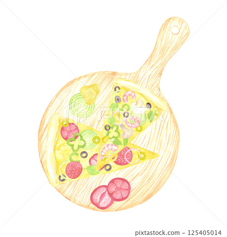 Hand drawn watercolor pizza with tomatoes pickles pepper and olives on wooden board isolated on white background. Can be used for label, card, scrapbook and other printed products. Hand drawn watercolor pizza with tomatoes pickles pepper and olives on wooden board isolated on white background. Can be used for label, card, scrapbook and other printed products. 125405014