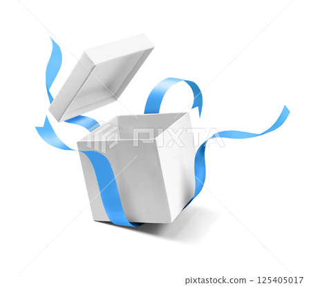 White open gift box with blue ribbon isolated on white White open gift box with blue ribbon isolated on white 125405017