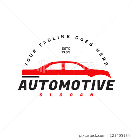 Automotive Logo with retro style red car silhouette. Ideal for workshop, showroom, spare parts business. 125405184