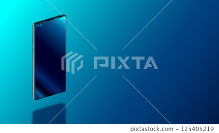 Modern vertical smartphone floating over table with smooth dark blue surface in perspective view with reflection. Realistic vector illustration isometric phone. Mock up or template shiny phone. 125405219