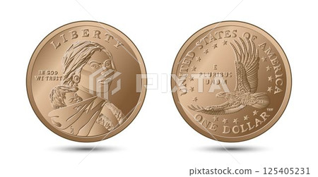 United States coin, Sacagawea dollar. Obverse and reverse. American money. Vector illustration. 125405231