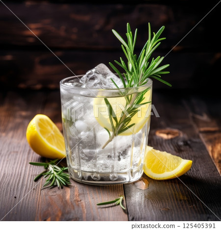 Refreshing drink with ice, lemon. Cold lemonade on wooden table. Generated AI Refreshing drink with ice, lemon. Cold lemonade on wooden table. Generated AI 125405391