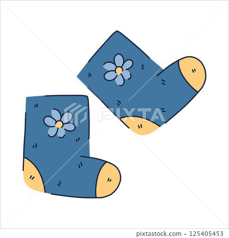 illustration of felt boots with flower on the side, felted wool winter footwear of the north 125405453