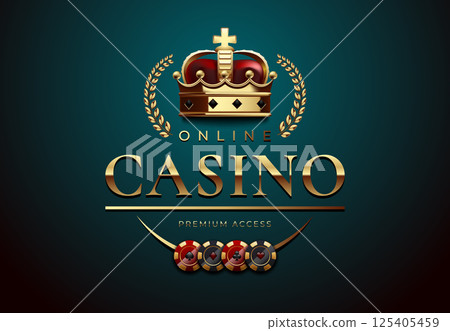 Luxury online casino logo with a golden crown, laurel wreath, and poker chips on a dark teal background. Ideal for gambling websites, casino branding, and premium poker events Luxury online casino logo with a golden crown, laurel wreath, and poker chips on a dark teal background. Ideal for gambling websites, casino branding, and premium poker events 125405459