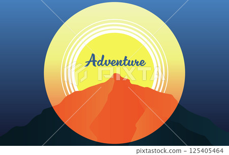 Minimalist adventure emblem with mountain silhouette, bright sun, and retro typography. Perfect for travel posters, outdoor branding, hiking, camping, and nature exploration themes Minimalist adventure emblem with mountain silhouette, bright sun, and retro typography. Perfect for travel posters, outdoor branding, hiking, camping, and nature exploration themes 125405464