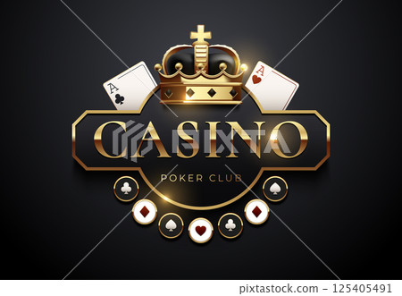 Luxury casino poker emblem with a golden crown, aces, and classic playing card suits. Premium black and gold design for gambling clubs, poker tournaments, and high-stakes promotions 125405491