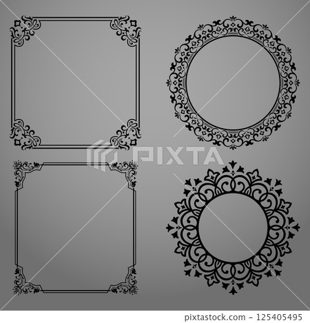 Set of decorative frames Elegant vector element for design in Eastern style, place for text. Floral black and gray borders. Lace illustration for invitations and greeting cards Set of decorative frames Elegant vector element for design in Eastern style, place for text. Floral black and gray borders. Lace illustration for invitations and greeting cards 125405495