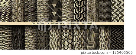 Geometric set of seamless black and golden patterns. Simple vector graphics 125405505