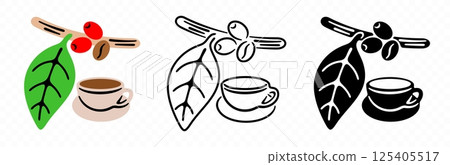 Coffee branch with ripe cherries and beans, graphic design. Cup of freshly brewed coffee, vector design and illustration Coffee branch with ripe cherries and beans, graphic design. Cup of freshly brewed coffee, vector design and illustration 125405517