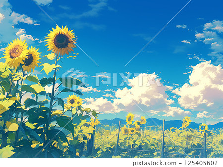 Blue sky and sunflower illustration generative AI 125405602