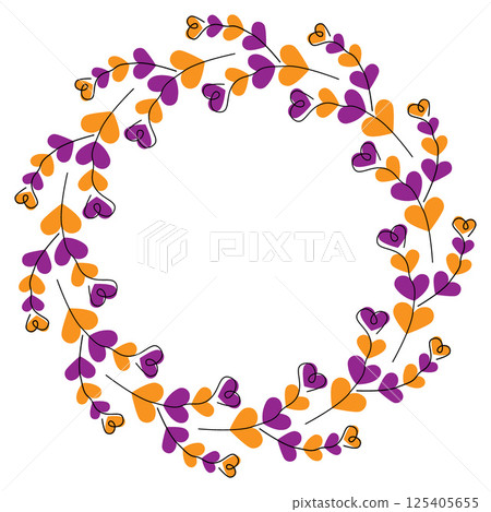 Hand drawn heart shape twigs on colorful hearts Halloween shades Circular Frame Copy space Template 125405655