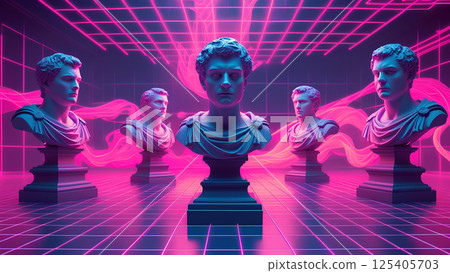 Vaporwave 3D, retro aesthetic, pink and purple neon lighting, surreal objects, roman busts, grid floor, dreamlike composition, glitch effect" 125405703