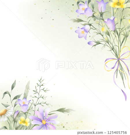 Bouquet of watercolor wildflowers lilac bellflower, yellow buttercup and meadow grasses tied ribbon bow. Hand drawn isolated square frame of flowers with copy space for invitations and postcard. 125405756