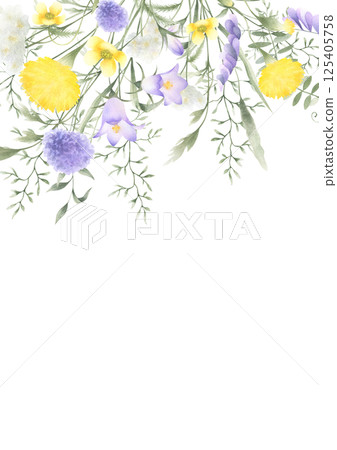 Floral postcard of watercolor wildflowers dandelion, bellflower, buttercup, mouse pea and meadow grasses isolated illustration with copy space, A4. Hand drawn yellow and lilac flowers for invitations. 125405758