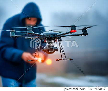 拍攝無人機和一名操作它的男子的圖片 拍攝無人機和一名操作它的男子的圖片 125405887