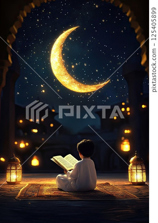 Little Muslim boy reads the Quran under the moon and stars. Little Muslim boy reads the Quran under the moon and stars. 125405899