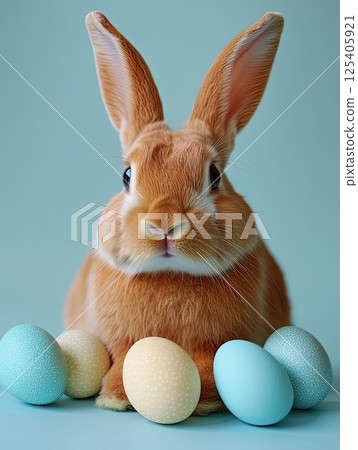 Easter bunny with blue and yellow eggs on empty background. 125405921