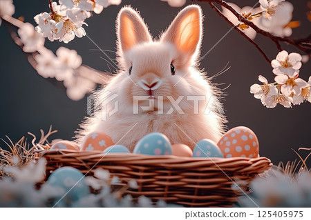 Easter bunny with basket of colorful eggs in a blooming garden. Easter bunny with basket of colorful eggs in a blooming garden. 125405975