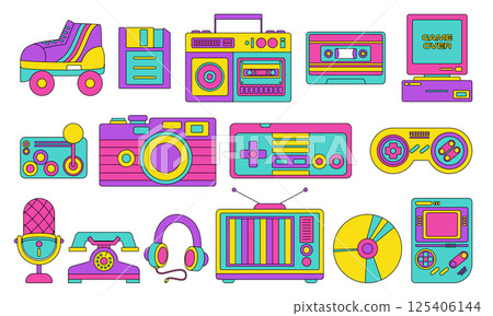 Retro icon set 80s 90s groovy pop art arcade console groovy colorful video game culture 125406144