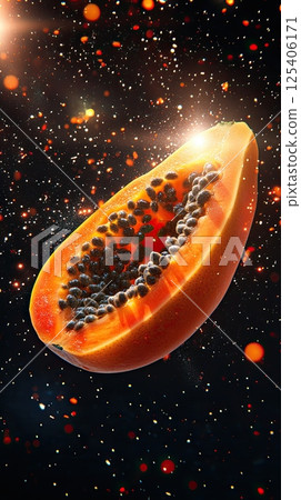 Floating papaya half with glistening seeds amid glowing orange bokeh on dark background 125406171