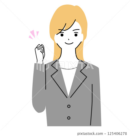 The upper body of a woman in a suit smiling and making a fist pump 125406278