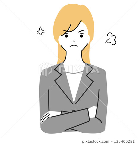 Illustration of an angry woman in a suit with her arms folded 125406281