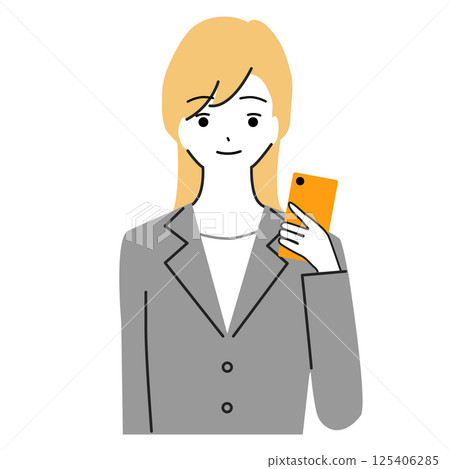 Illustration of a woman in a suit holding a smartphone 125406285