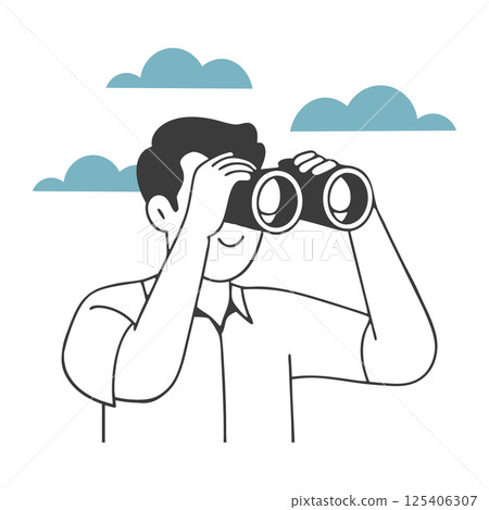 Man looking through binoculars or a telescope in search of future opportunities and new ideas. Minimalist illustration. 125406307