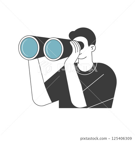 Man looking through binoculars or a telescope in search of future opportunities and new ideas. Minimalist illustration. 125406309
