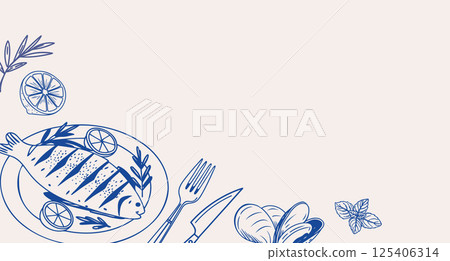 Background with hand drawn simple Mediterranean seafood. Fish seafood olives. Design for cafe or restaurant menu. 125406314