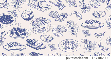 Seamless pattern of hand drawn simple mediterranean food. Fish seafood cheese olives bread. Background for cafe or restaurant menu. 125406315