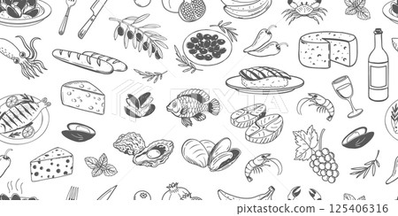 Seamless pattern of hand drawn simple mediterranean food. Fish seafood cheese olives bread. Background for cafe or restaurant menu. Seamless pattern of hand drawn simple mediterranean food. Fish seafood cheese olives bread. Background for cafe or restaurant menu. 125406316