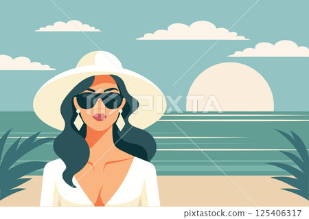 Woman in hat and sunglasses on the beach. Summer time, vacation and travel concept. Illustration. Woman in hat and sunglasses on the beach. Summer time, vacation and travel concept. Illustration. 125406317