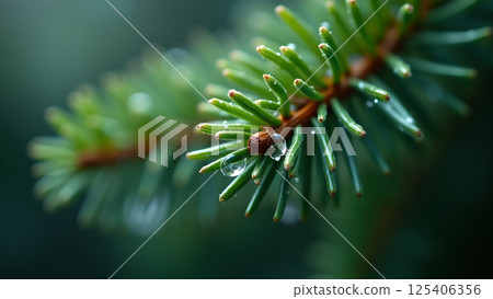 Captivating Freshness: Dew Drops on Evergreen Branch 125406356