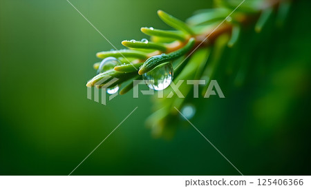 Dew Drops on a Spruce Branch Close-Up View 125406366