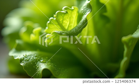 Fresh Green Lettuce Close-Up with Water Droplets Fresh Green Lettuce Close-Up with Water Droplets 125406374