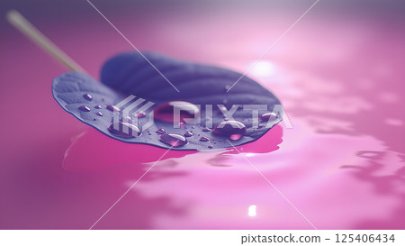 Leaf adorned with water droplets in pink liquid 125406434