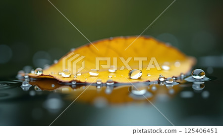 Autumnal Leaf Adorned with Water Droplets 125406451