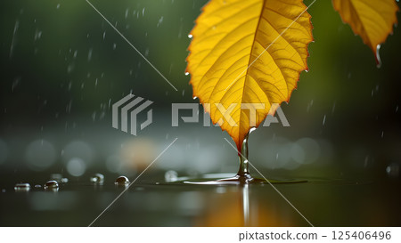Autumn Leaf Bathed in Rain's Gentle Embrace 125406496