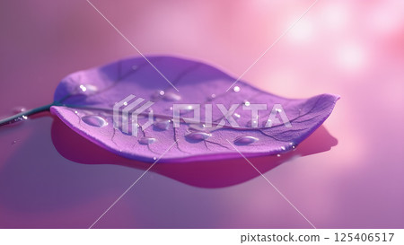 Purple Leaf Adorned with Dewdrops on Light Surface 125406517