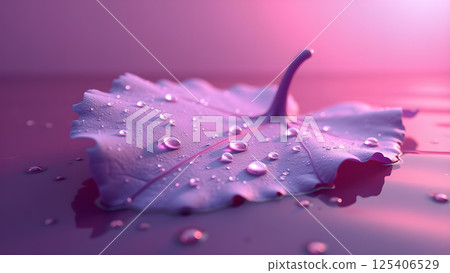 Leaf with Water Droplets and Gentle Pink Light Leaf with Water Droplets and Gentle Pink Light 125406529
