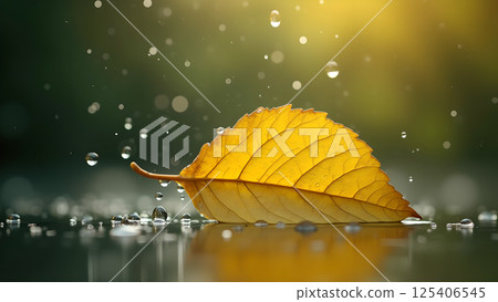Autumn Leaf Bathing in a Gentle Rain Shower 125406545