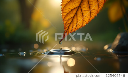 Autumn Leaf Water Drop Reflecting Serene Moment 125406546